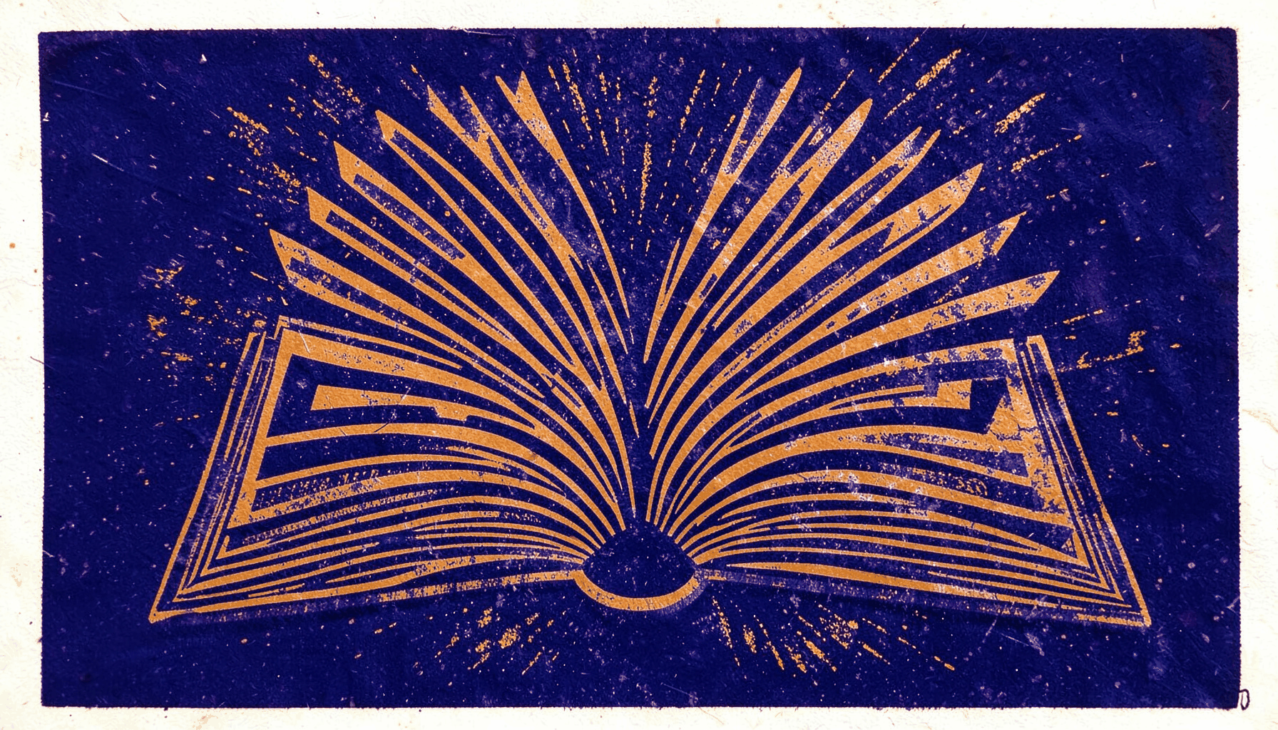 A linocut relief print in deep indigo and warm ochre tones, showing an open book with layered geometric pages radiating outward, evoking ideas and shared knowledge