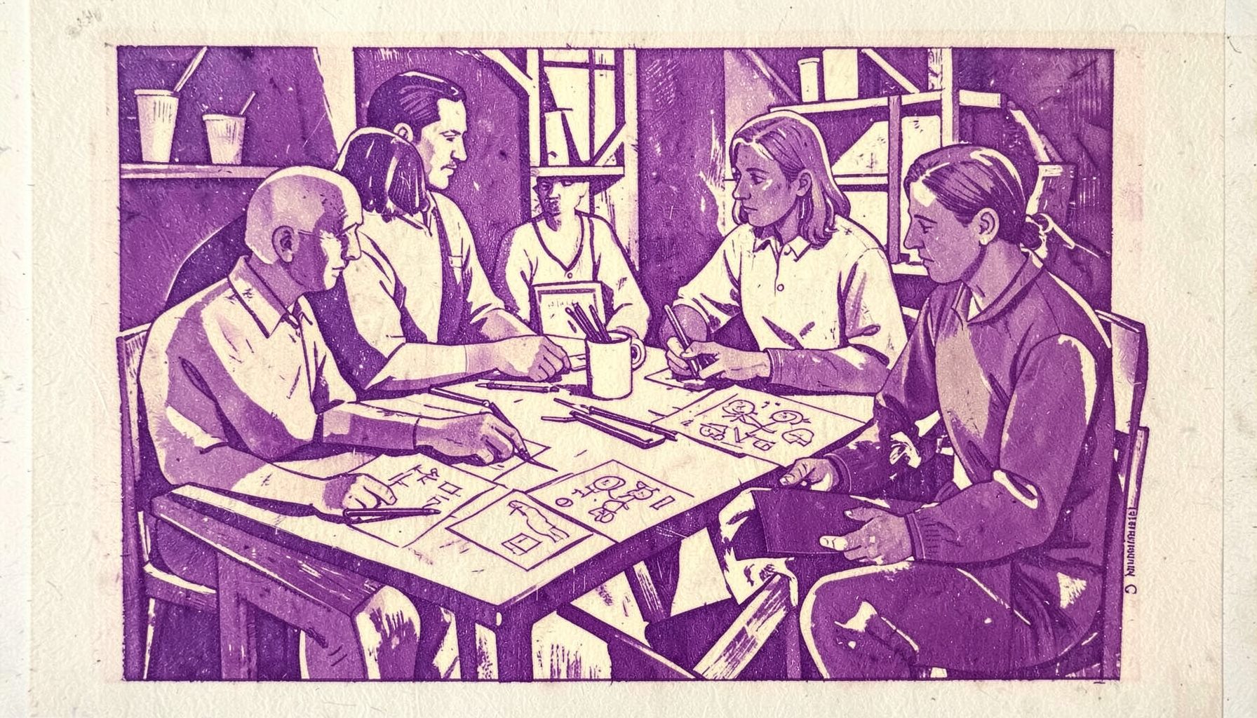 A carved linocut relief print of a collaborative workshop scene, with layered abstract figures gathered around a large table in deep indigo and warm ochre tones.