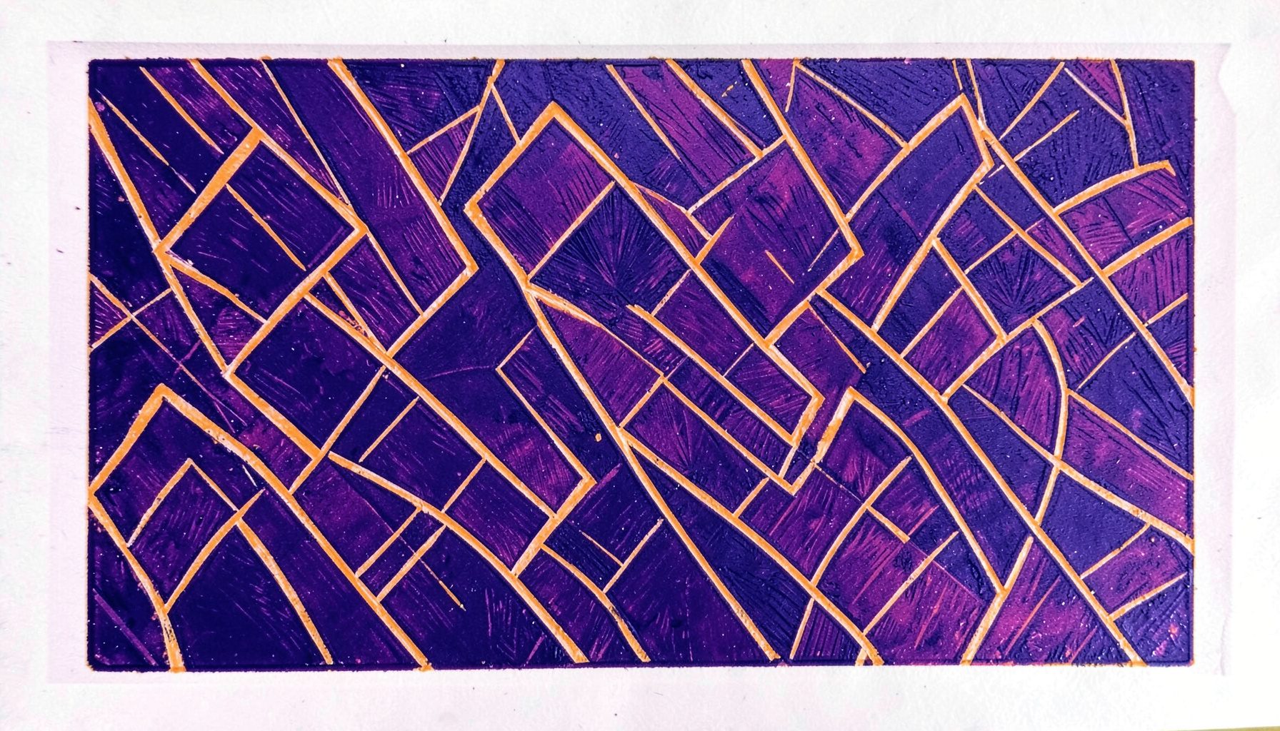 A carved linocut relief print depicting abstract geometric shapes interlocking in a rhythmic pattern, with deep indigo and warm ochre tones creating a sense of structured creativity.