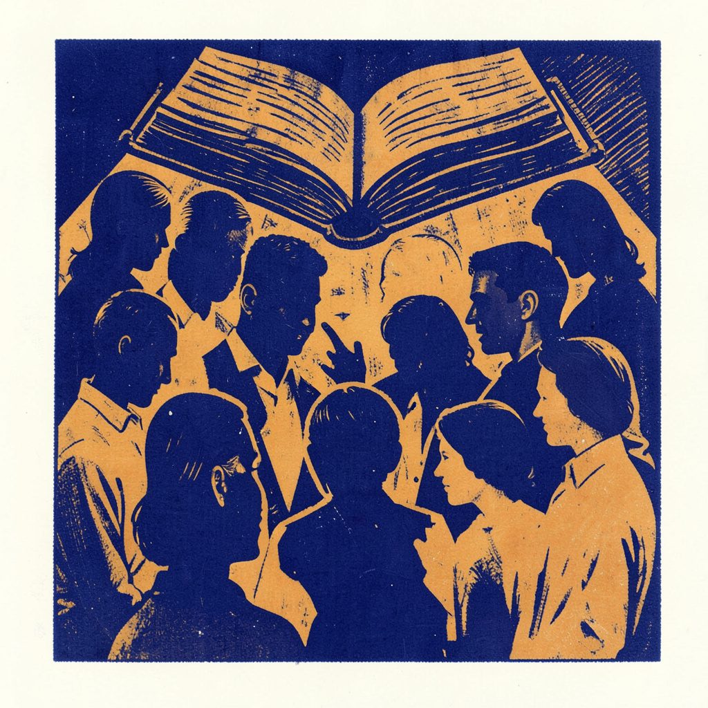 A linocut relief print in deep indigo and warm ochre tones, depicting an open book and a community of overlapping silhouettes gathered around it, radiating connection and shared knowledge.